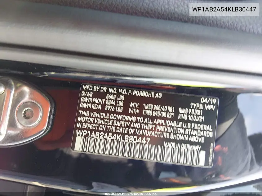 2019 Porsche Macan S VIN: WP1AB2A54KLB30447 Lot: 45522141