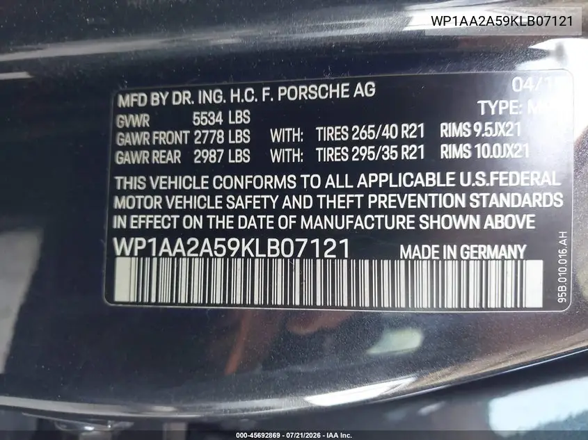 2019 Porsche Macan VIN: WP1AA2A59KLB07121 Lot: 45692869
