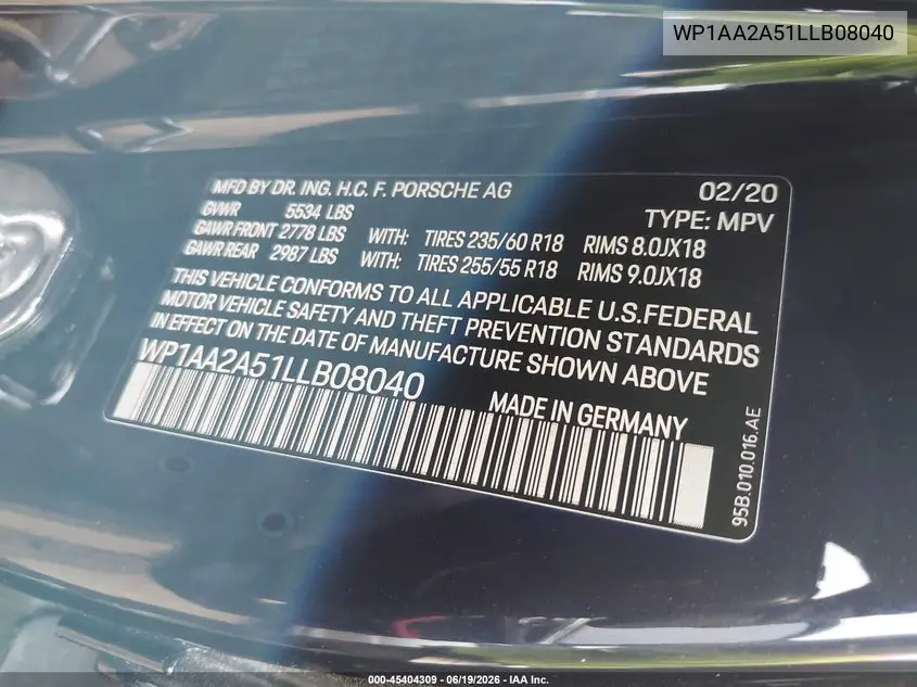 2020 Porsche Macan VIN: WP1AA2A51LLB08040 Lot: 45404309