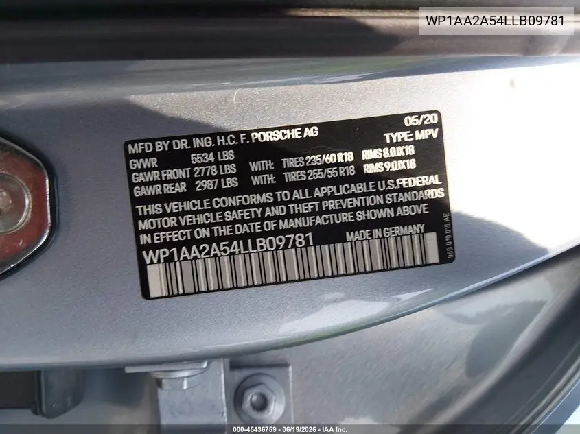 2020 Porsche Macan VIN: WP1AA2A54LLB09781 Lot: 45436759
