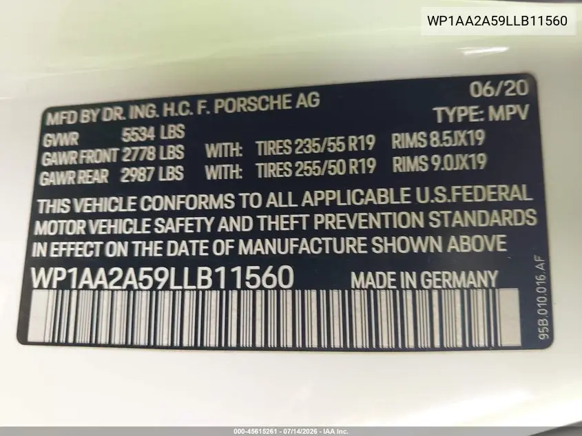2020 Porsche Macan VIN: WP1AA2A59LLB11560 Lot: 45615261