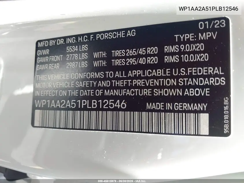 2023 Porsche Macan T VIN: WP1AA2A51PLB12546 Lot: 45515979