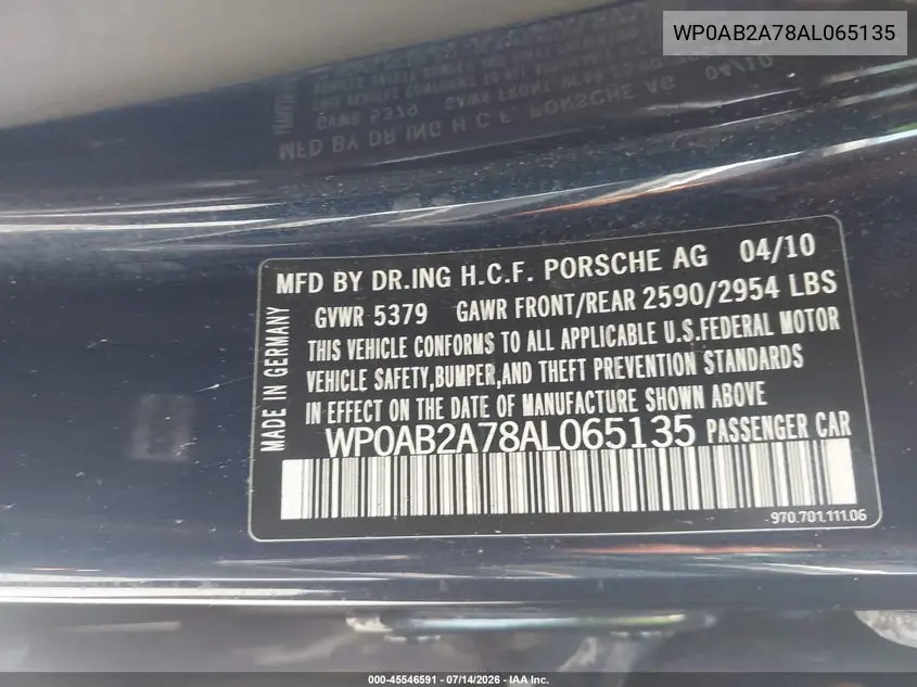 2010 Porsche Panamera 4S VIN: WP0AB2A78AL065135 Lot: 45546591