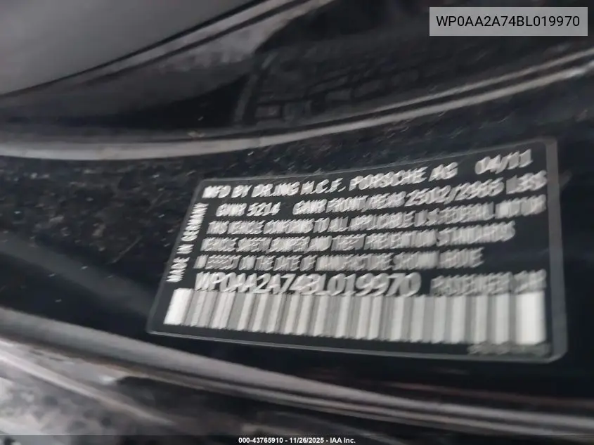 2011 Porsche Panamera 4 VIN: WP0AA2A74BL019970 Lot: 43765910