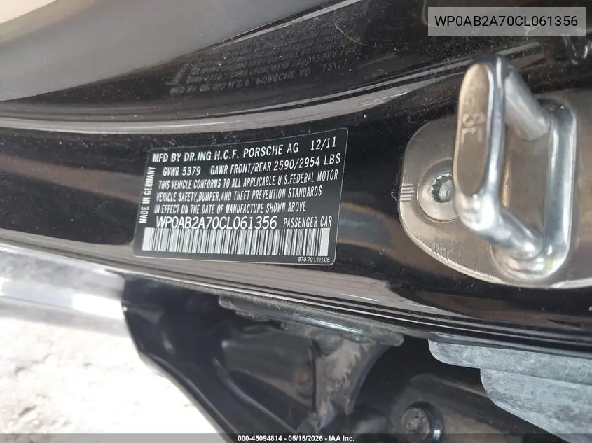 2012 Porsche Panamera 4S VIN: WP0AB2A70CL061356 Lot: 45094814