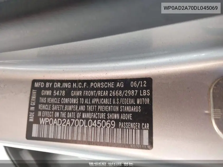 2013 Porsche Panamera Hybrid S VIN: WP0AD2A70DL045069 Lot: 45347429