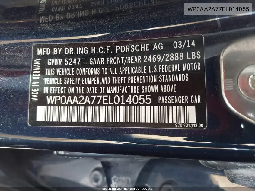 2014 Porsche Panamera 4 VIN: WP0AA2A77EL014055 Lot: 45100528