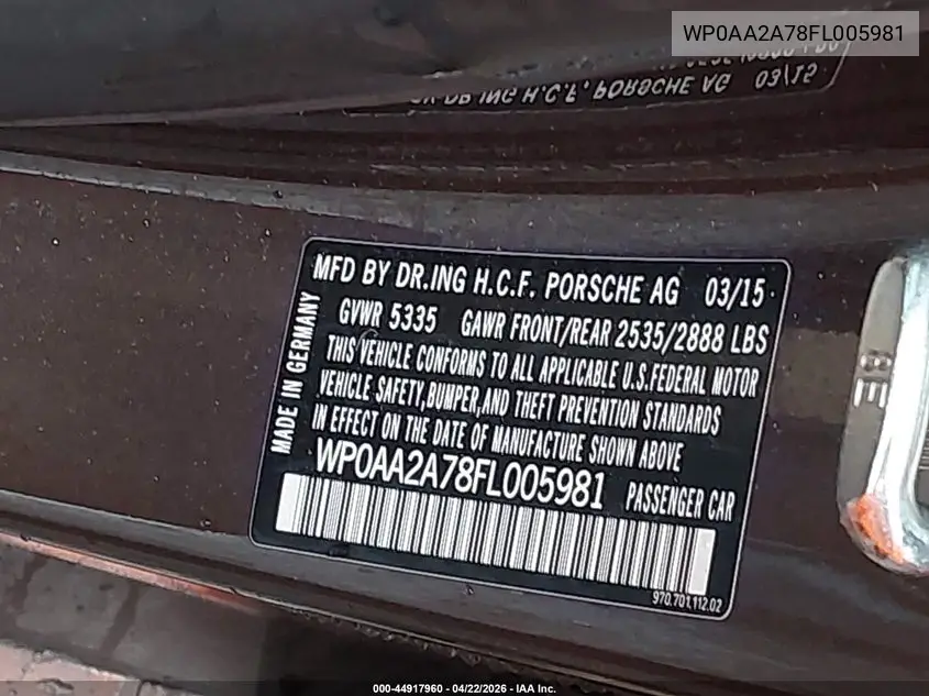 2015 Porsche Panamera 4 VIN: WP0AA2A78FL005981 Lot: 44917960