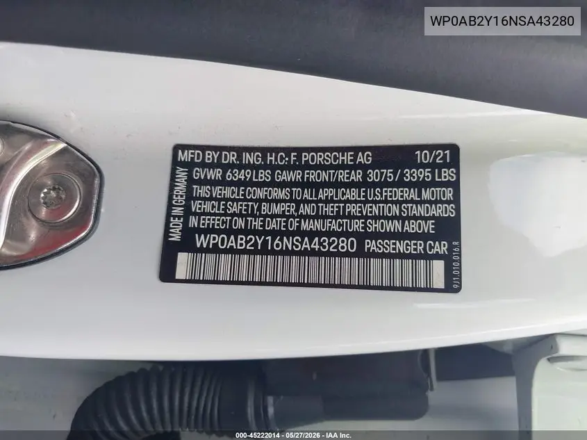 2022 Porsche Taycan 4S VIN: WP0AB2Y16NSA43280 Lot: 45222014