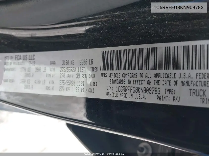 1C6RRFFG8KN909783 2019 Ram 1500