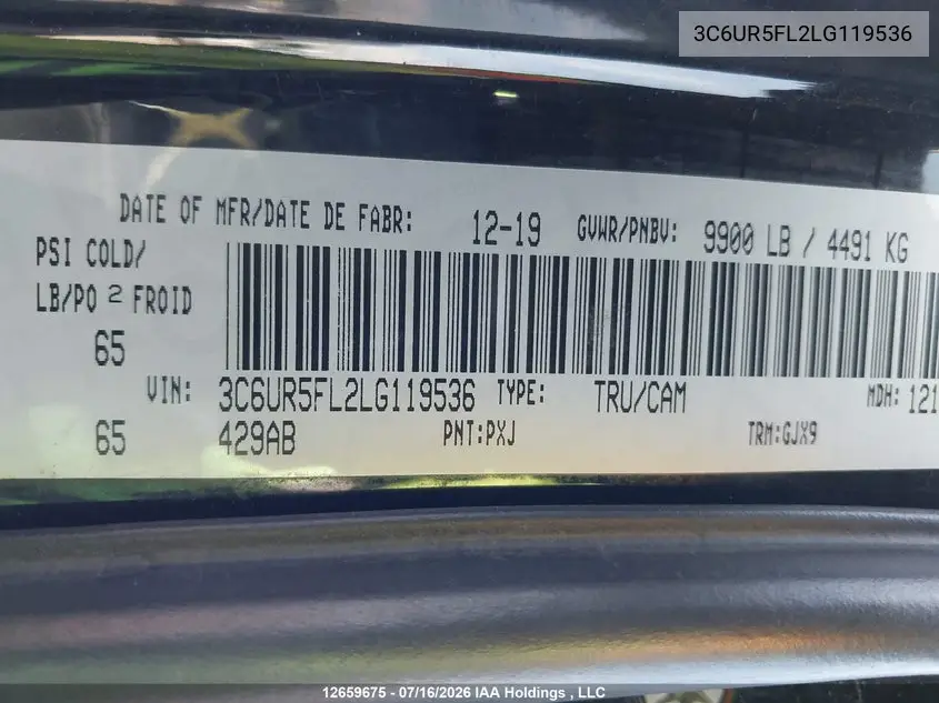 2020 Ram 2500 Laramie VIN: 3C6UR5FL2LG119536 Lot: 12659675