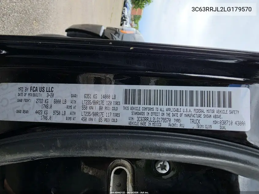 2020 Ram 3500 Laramie 4X4 8' Box VIN: 3C63RRJL2LG179570 Lot: 45442122