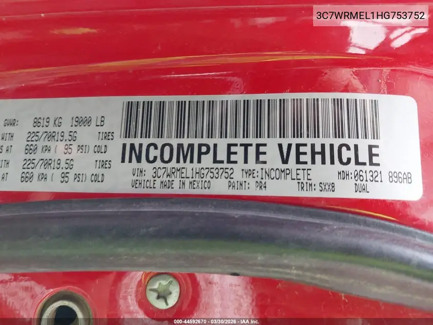 2017 Ram 5500 Chassis Tradesman/Slt/Laramie VIN: 3C7WRMEL1HG753752 Lot: 44592670
