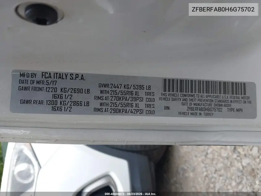 2017 Ram Promaster City Tradesman VIN: ZFBERFAB0H6G75702 Lot: 45404673
