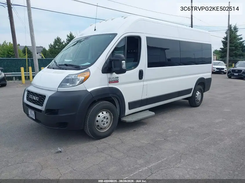 2019 Ram Promaster 2500 Window Van High Roof 159 Wb VIN: 3C6TRVPG2KE502514 Lot: 45506025