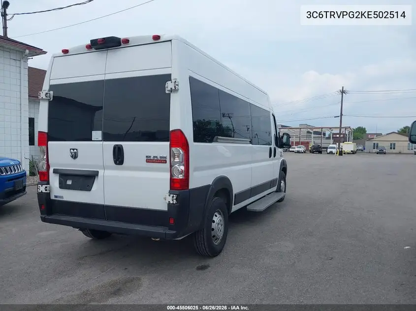2019 Ram Promaster 2500 Window Van High Roof 159 Wb VIN: 3C6TRVPG2KE502514 Lot: 45506025