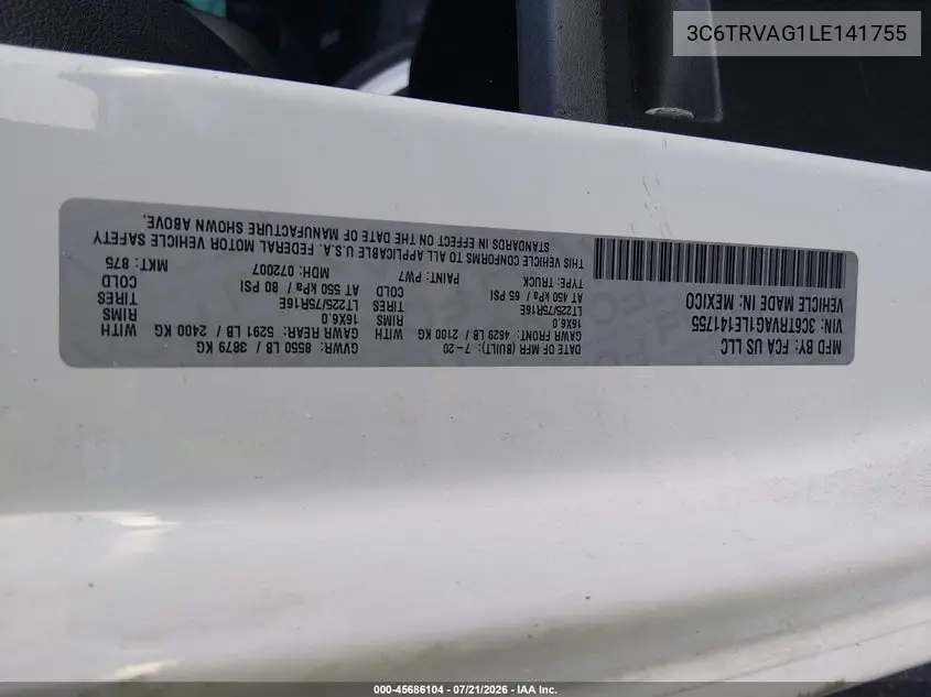 2020 Ram Promaster 1500 Low Roof 136 Wb VIN: 3C6TRVAG1LE141755 Lot: 45686104