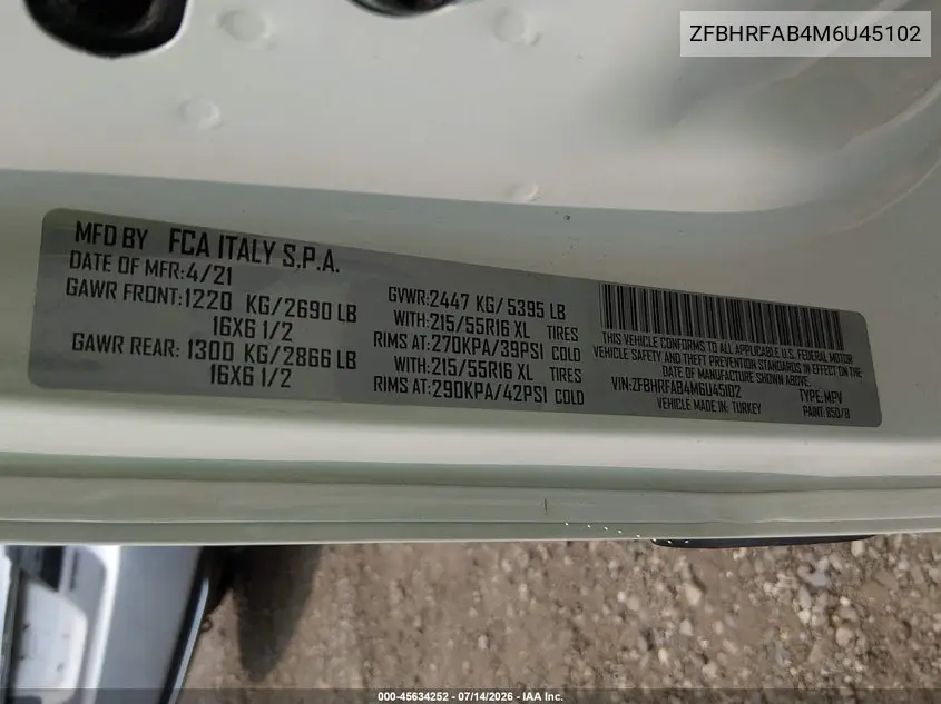 2021 Ram Promaster City Tradesman VIN: ZFBHRFAB4M6U45102 Lot: 45634252