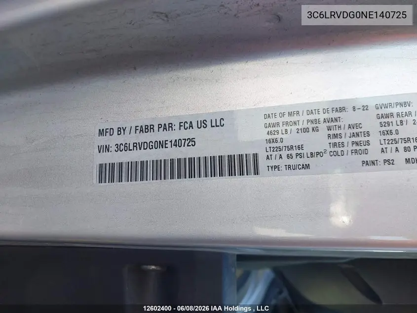2022 Ram Promaster 2500 2500 High VIN: 3C6LRVDG0NE140725 Lot: 12602400