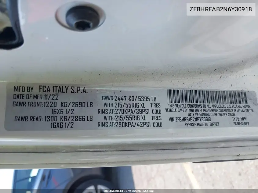 2022 Ram Promaster City Cargo Van VIN: ZFBHRFAB2N6Y30918 Lot: 45630413