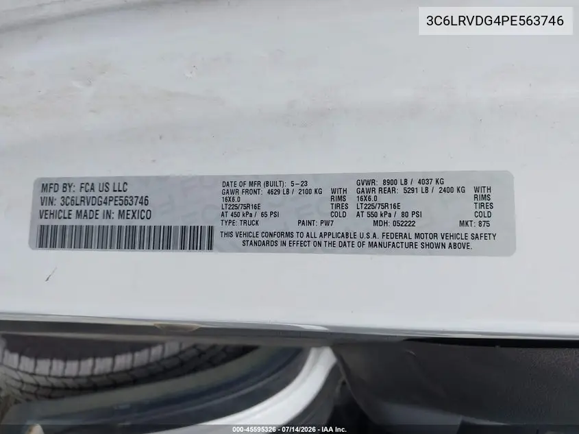 2023 Ram Promaster 2500 High Roof 159 Wb VIN: 3C6LRVDG4PE563746 Lot: 45595326