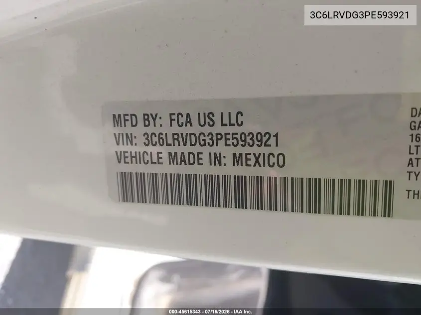 2023 Ram Promaster 2500 High Roof 159 Wb VIN: 3C6LRVDG3PE593921 Lot: 45615343