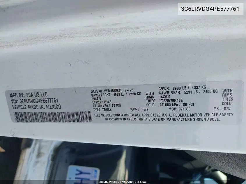 2023 Ram Promaster 2500 High Roof 159 Wb VIN: 3C6LRVDG4PE577761 Lot: 45629609