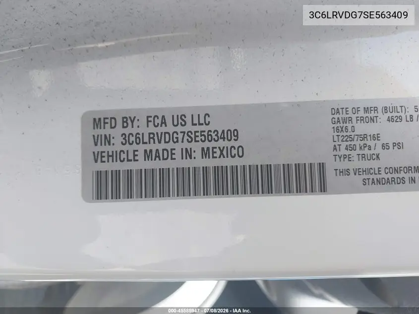 2025 Ram Promaster 2500 Tradesman High Roof 159 Wb W/Pass Seat VIN: 3C6LRVDG7SE563409 Lot: 45585947