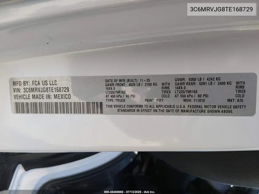 2026 Ram Promaster 3500 Cargo Van Tradesman High Roof 159 Wb Ext W/Pass Seat VIN: 3C6MRVJG8TE168729 Lot: 45480660