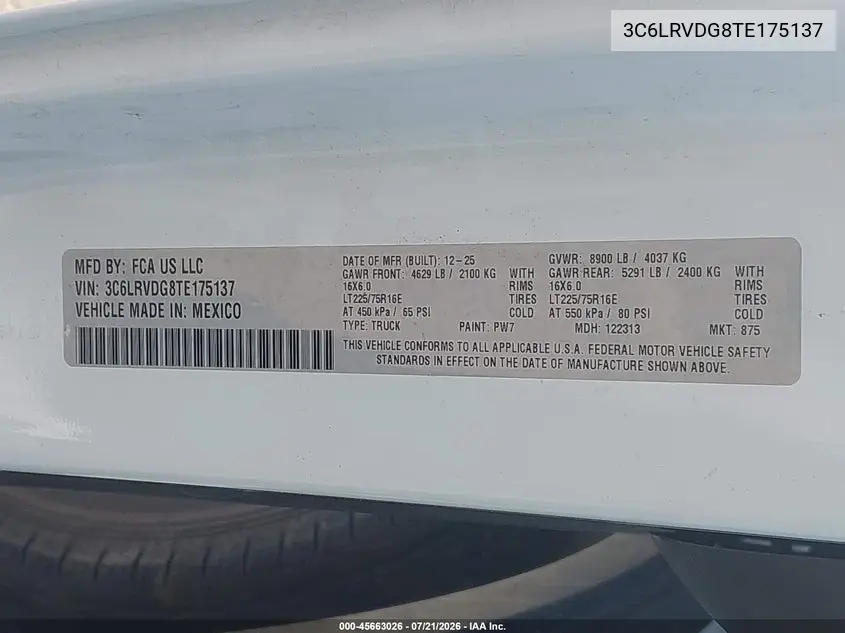 2026 Ram Promaster 2500 Tradesman High Roof 159 Wb W/Pass Seat VIN: 3C6LRVDG8TE175137 Lot: 45663026