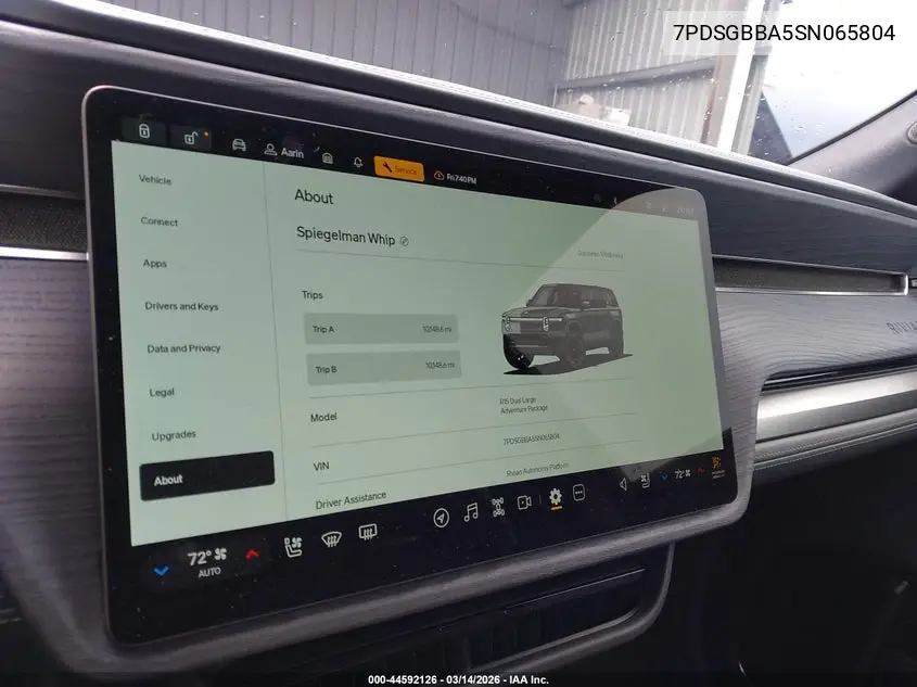2025 Rivian R1S Adventure Dual Motor Large Pack/Adventure Dual Motor Max Pack VIN: 7PDSGBBA5SN065804 Lot: 44592126