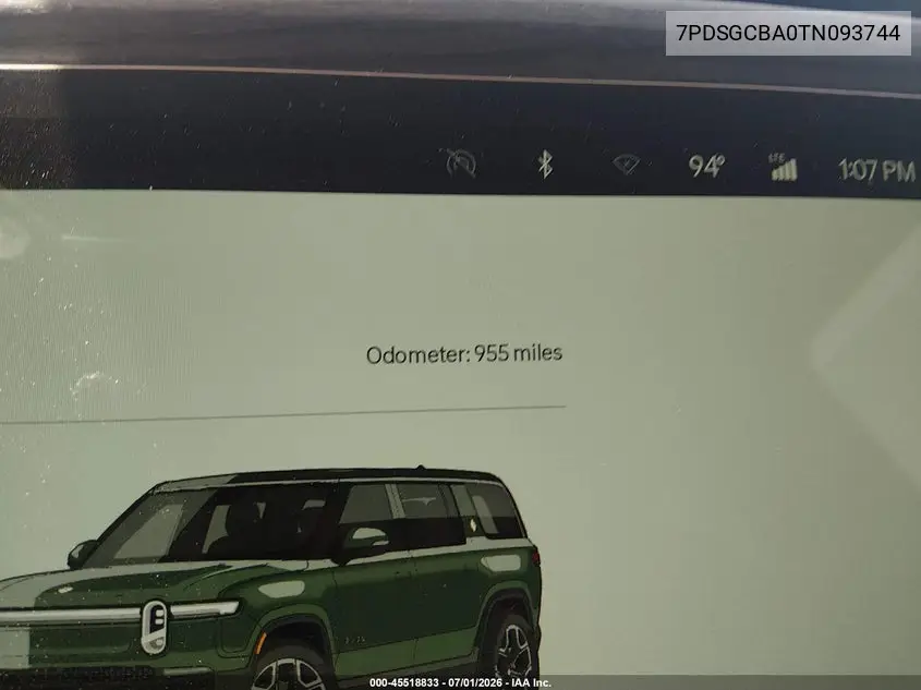 2026 Rivian R1S Dual Motor Max Pack/Performance Dual Motor Max Pack VIN: 7PDSGCBA0TN093744 Lot: 45518833
