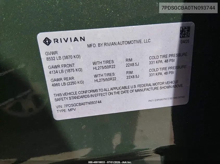 2026 Rivian R1S Dual Motor Max Pack/Performance Dual Motor Max Pack VIN: 7PDSGCBA0TN093744 Lot: 45518833