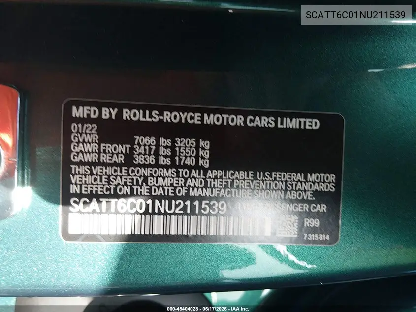 2022 Rolls-Royce Phantom VIN: SCATT6C01NU211539 Lot: 45404028