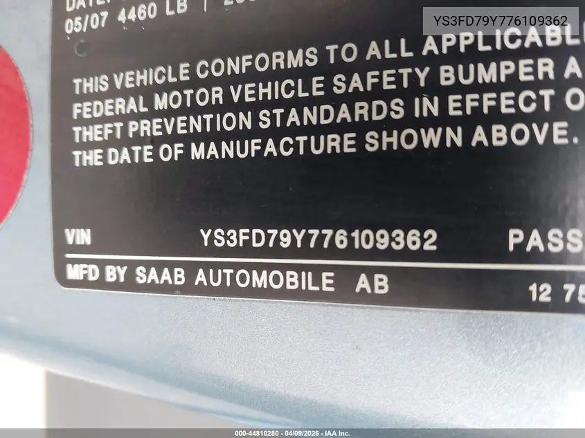2007 Saab 9-3 2.0T VIN: YS3FD79Y776109362 Lot: 44810280