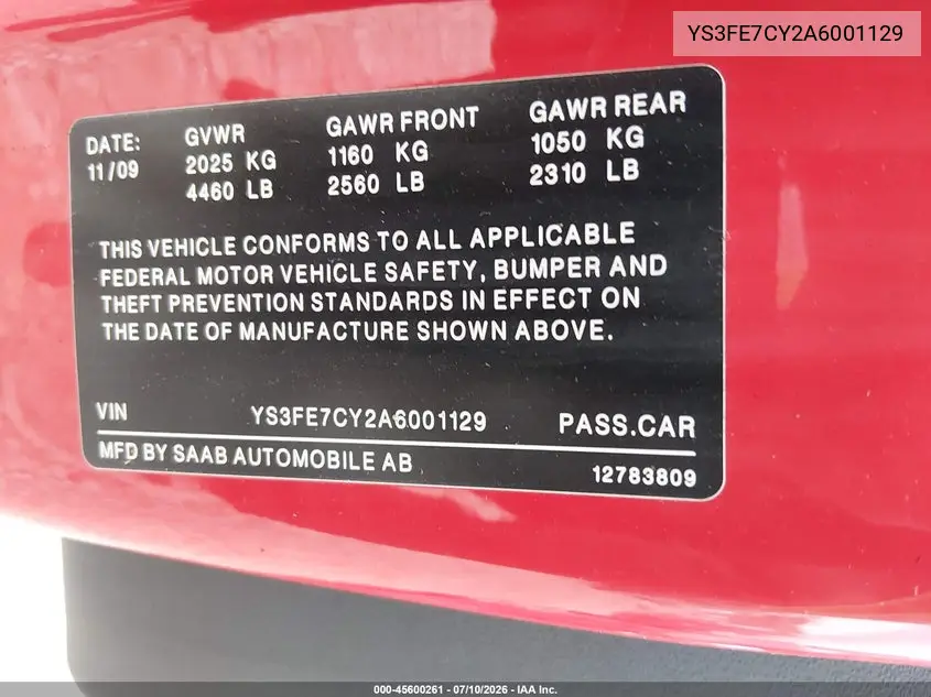 2010 Saab 9-3 VIN: YS3FE7CY2A6001129 Lot: 45600261