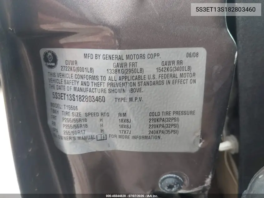 2008 Saab 9-7X 4.2I VIN: 5S3ET13S182803460 Lot: 45544828