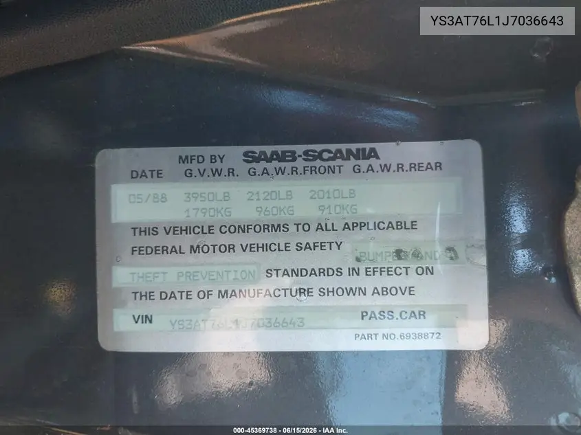 1988 Saab 900 VIN: YS3AT76L1J7036643 Lot: 45369738