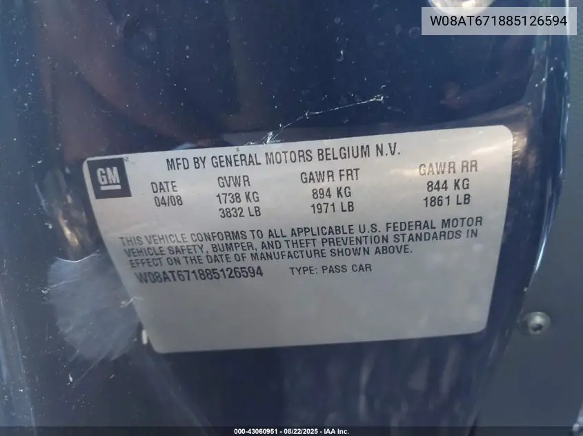 2008 Saturn Astra Xr VIN: W08AT671885126594 Lot: 43060951