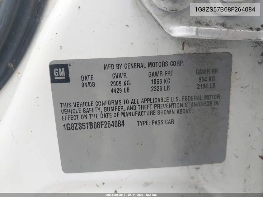 2008 Saturn Aura Xe VIN: 1G8ZS57B08F264084 Lot: 45040819