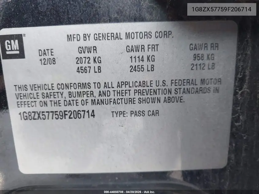 2009 Saturn Aura Xr VIN: 1G8ZX57759F206714 Lot: 44850708