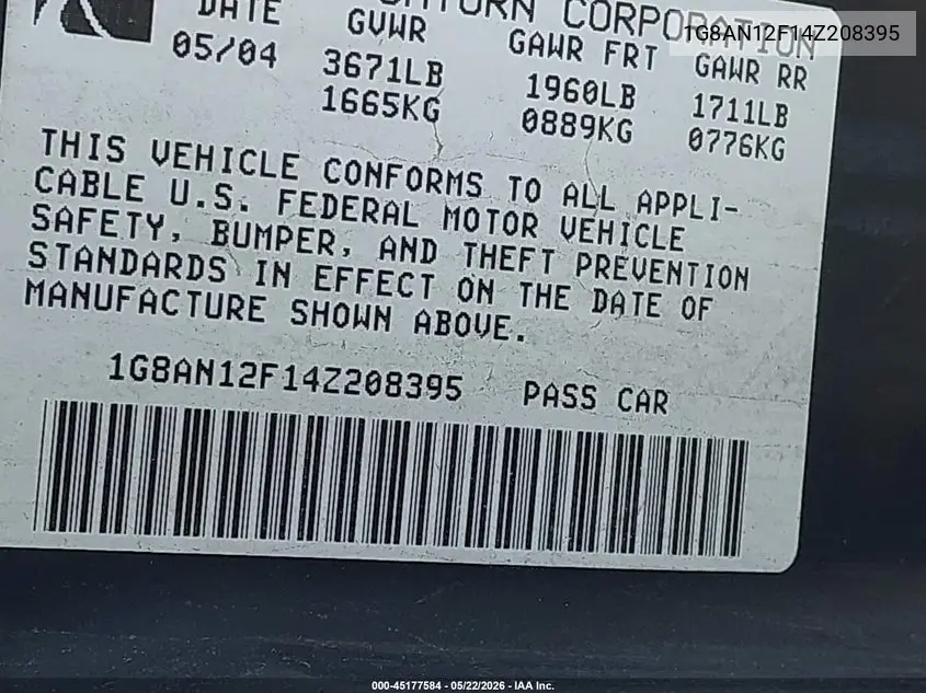 2004 Saturn Ion 2 VIN: 1G8AN12F14Z208395 Lot: 45177584