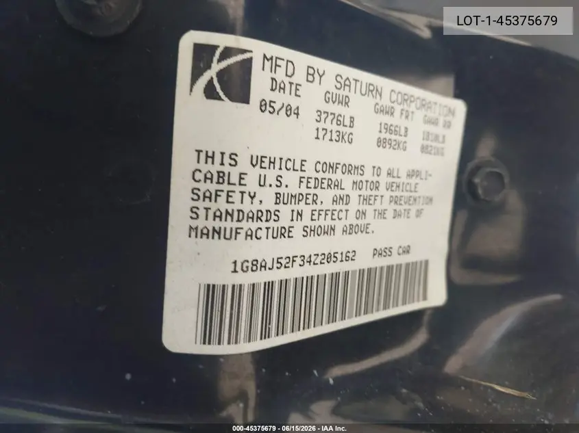 2004 Saturn Ion Level 2 VIN: 1G8AJ52F34Z205162 Lot: 45375679