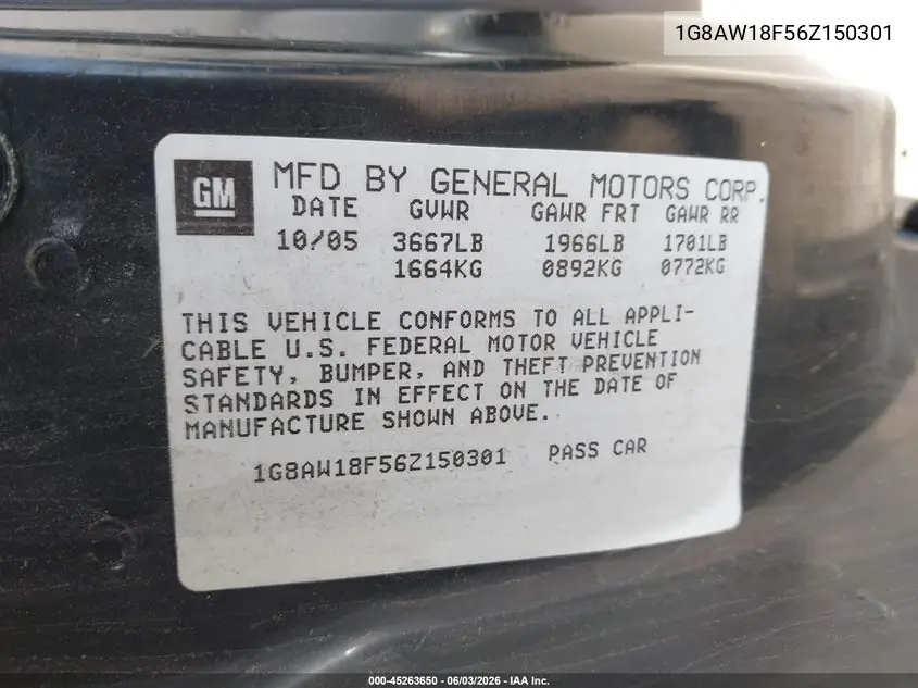 2006 Saturn Ion 3 VIN: 1G8AW18F56Z150301 Lot: 45263650