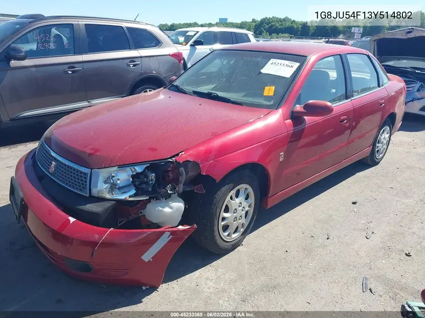 2003 Saturn L-Series L200 VIN: 1G8JU54F13Y514802 Lot: 45233368