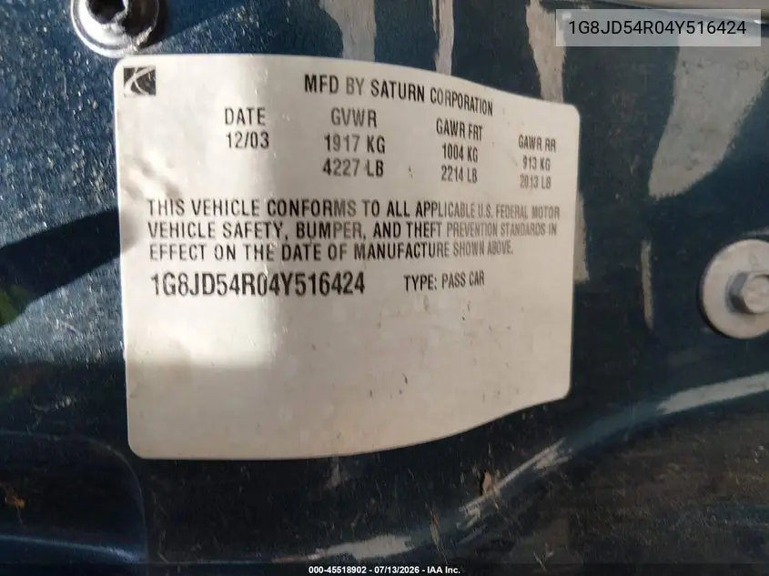 2004 Saturn L-Series L300 2 VIN: 1G8JD54R04Y516424 Lot: 45518902