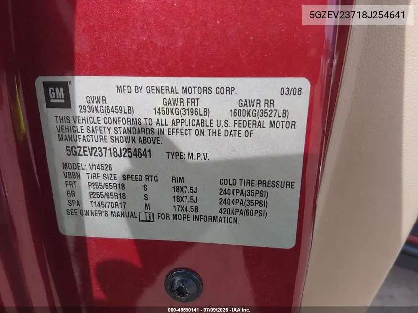 2008 Saturn Outlook Xr VIN: 5GZEV23718J254641 Lot: 45580141