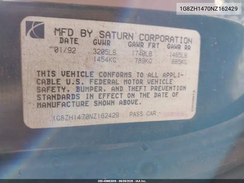 1992 Saturn Sc VIN: 1G8ZH1470NZ162429 Lot: 45492019
