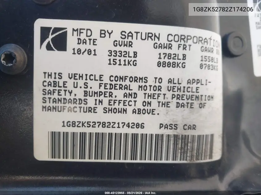 2002 Saturn S-Series Sl2 VIN: 1G8ZK52782Z174206 Lot: 45123955
