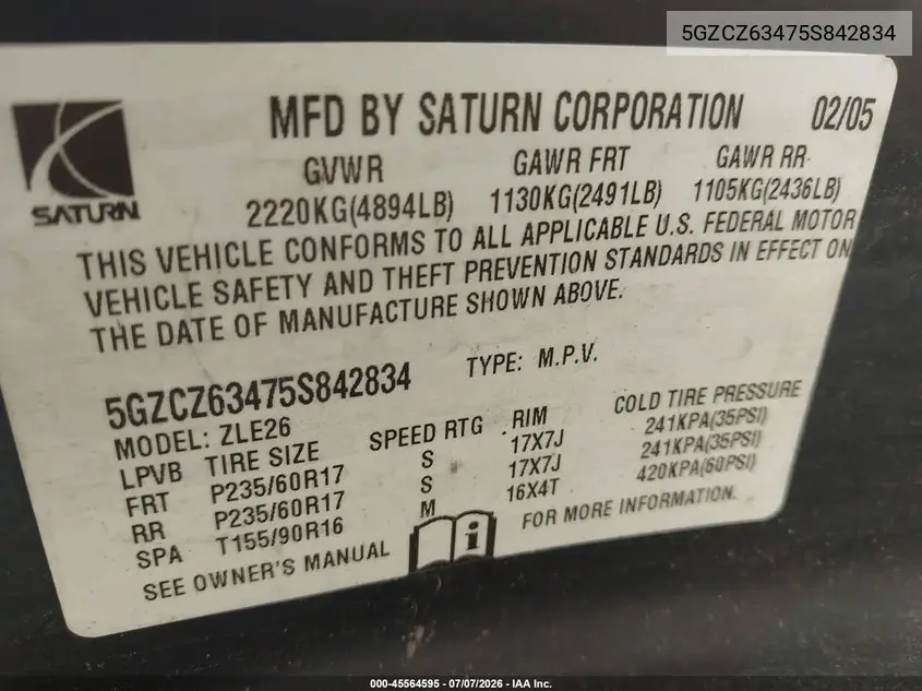 2005 Saturn Vue V6 VIN: 5GZCZ63475S842834 Lot: 45564595